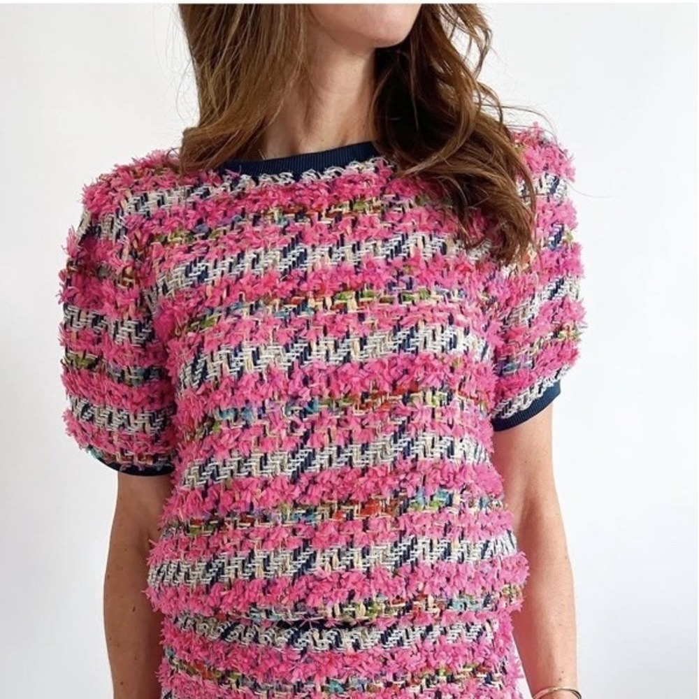 Women's NWT LUREX TWEED RIB CONTRAST Top sz small -pink & blue